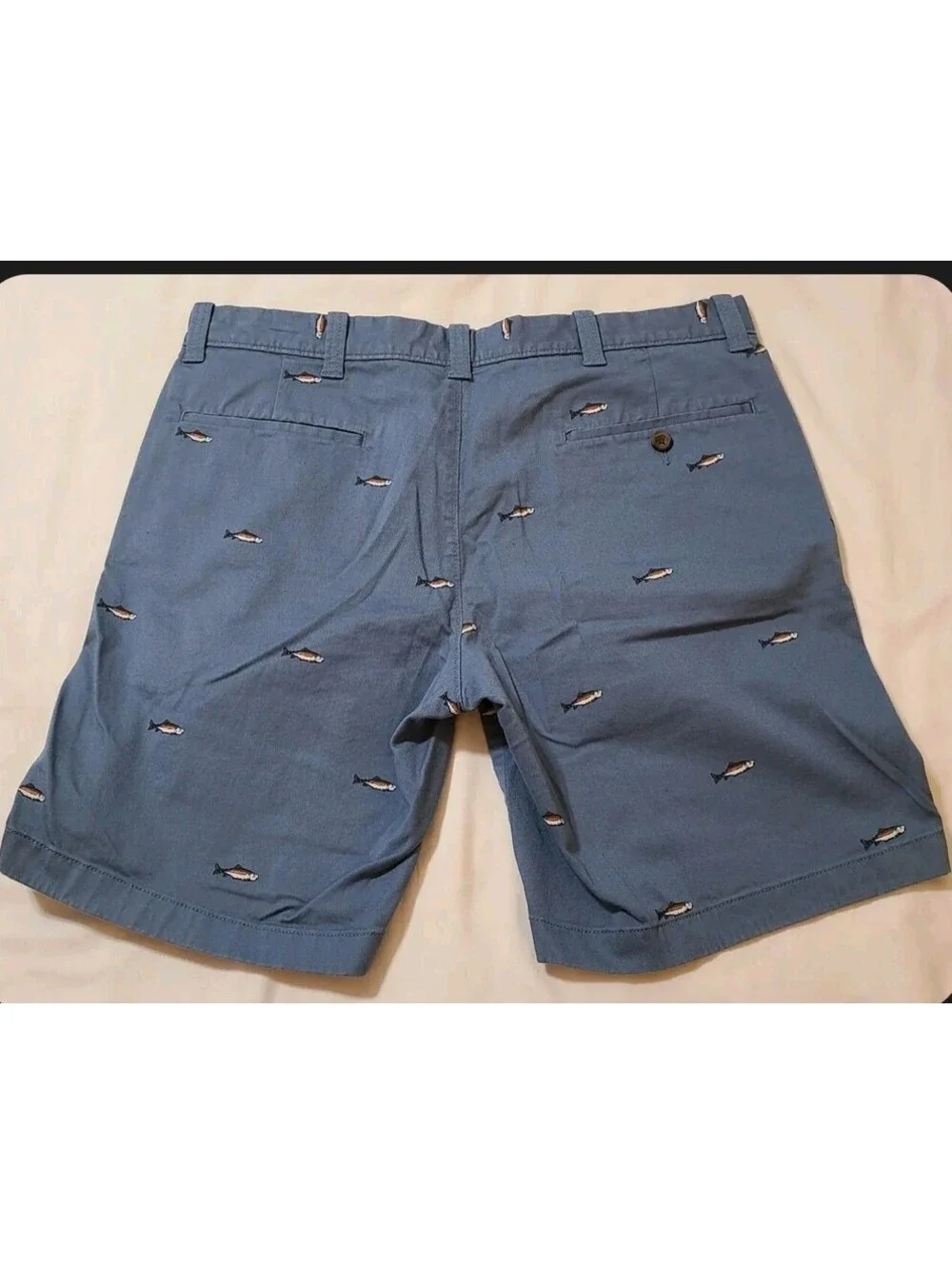 J Crew Chino Shorts Mens Sz 34x9 Blue Troit Fish Embroidered Golf Summer Coastal
